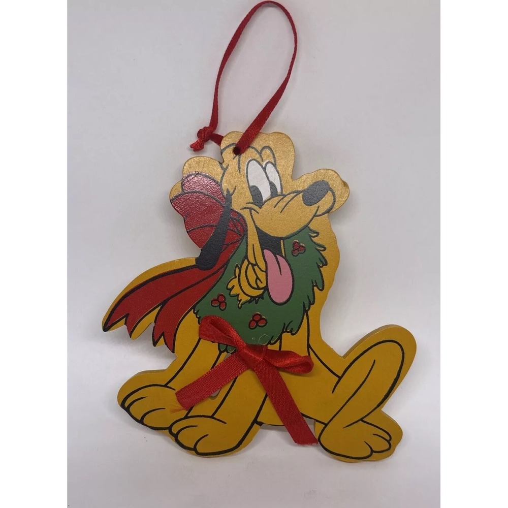 Vintage Walt Disney Company Pluto w/ Wreath & Bow Wood Christmas Ornament